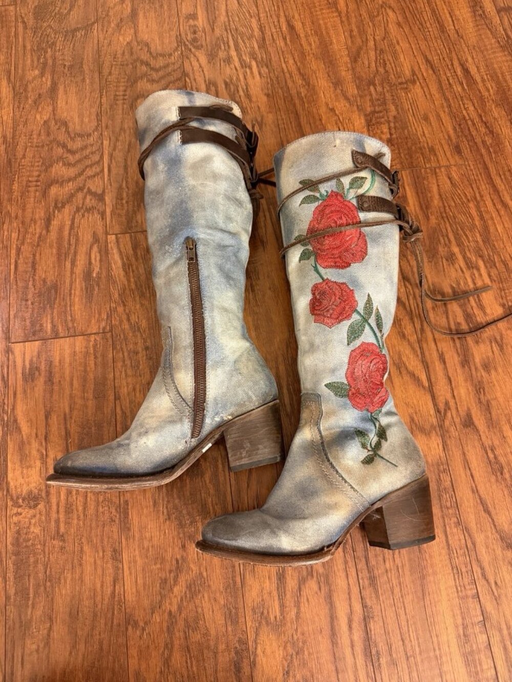 Rare Freebird Cyrus 8 Denim Blue Rose Leather Boots